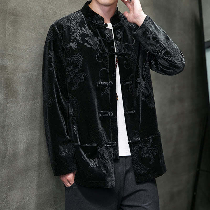 Men's Frog-button Tang Suit Dragon Pattern Lisvelte Cotton Jacket Shirt With Pockets