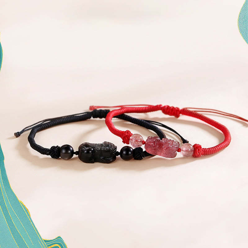 Handmade Natural Silver Sheen Obsidian Strawberry Quartz PiXiu Protection Braided Bracelet