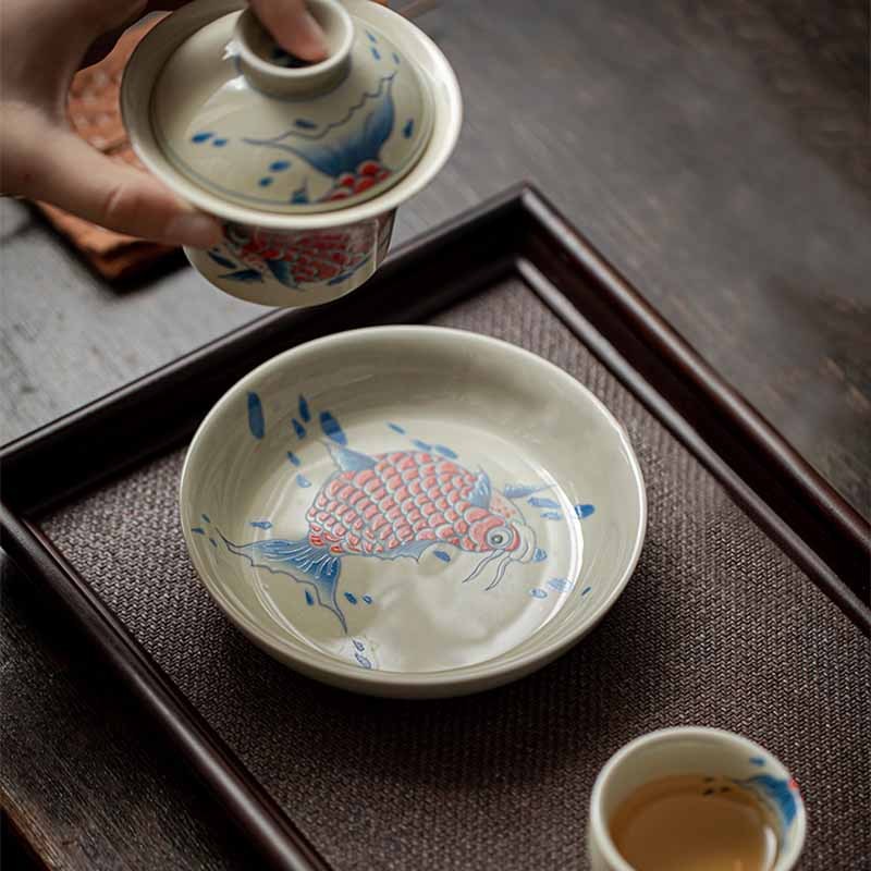 Koi Fish Arowana Ceramic Gaiwan Sancai Teacup Kung Fu Tea Cup With Lid 130ml