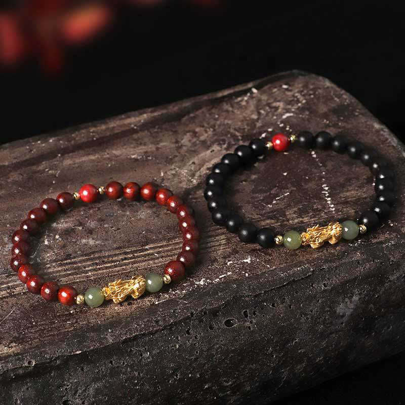 999 Sterling Silver Sandalwood Ebony Wood Small Leaf Red Sandalwood Hetian Jade Cinnabar PiXiu Wealth Bracelet