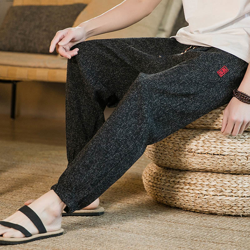 Plain Drawstring Cotton Men's Harem Pants With Pockets