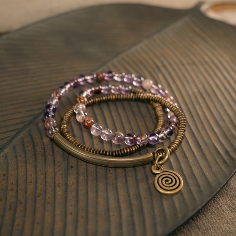 Purple Phantom Red Hematoid Quartz Green Rutilated Quartz Copper Love Forgive Bracelet