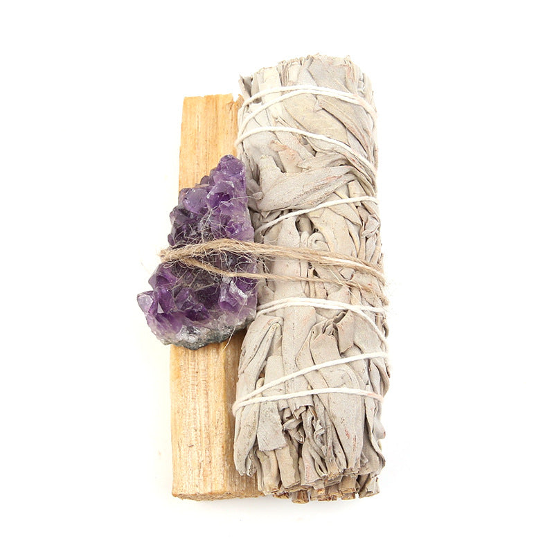 Natural Palo Santo Amethyst Green Aventurine Crystal White Sage Smudge Purify Altar Set Spiritual Supplies
