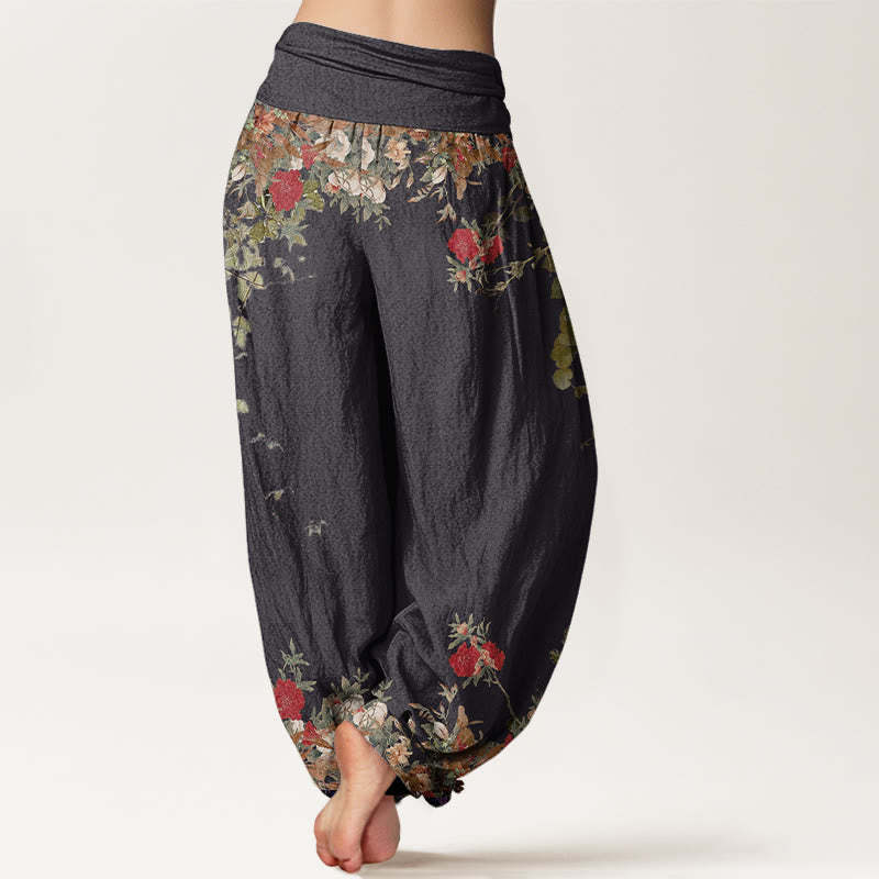 Casual Red Peony Flower Vine Design Women's Elastic Waist Harem Pants