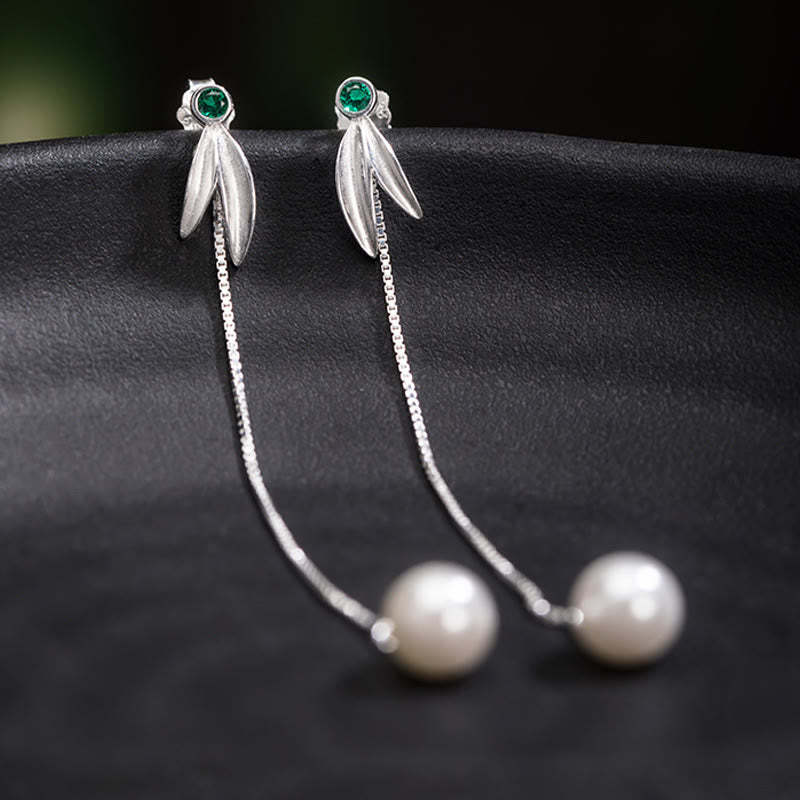 925 Sterling Silver Zircon Pearl Bamboo Leaves Protection Drop Earrings