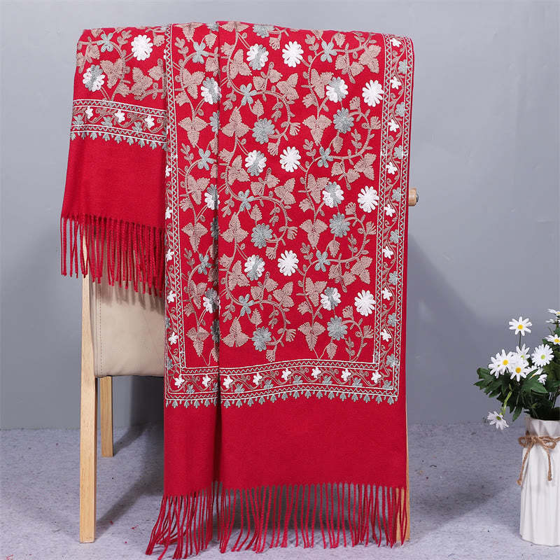 Polyester Shawl Cashew Flowers Embroidery Tassel Winter Cozy Travel Scarf Wrap