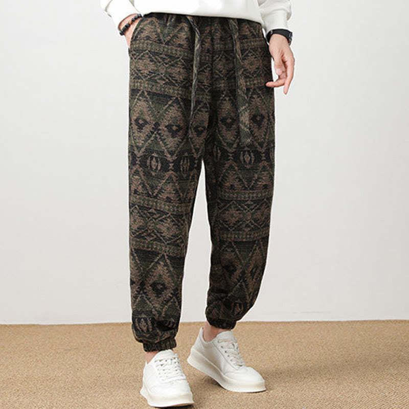 Ethnic Jacquard Knitting Drawstring Men's Pants With Pockets