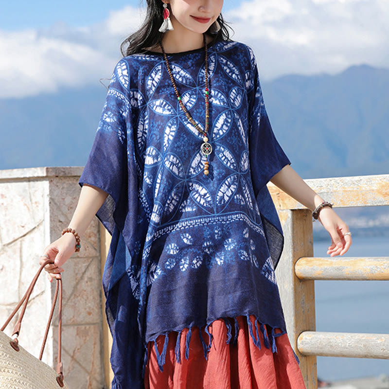 Blue Flower Indigo Dyeing Shawl Tassels Cozy Pullover 90*95cm