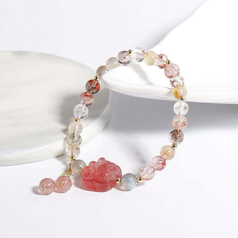 Natural Strawberry Quartz Cat Paw Claw Colorful Rutilated Quartz Moonstone Love Bracelet