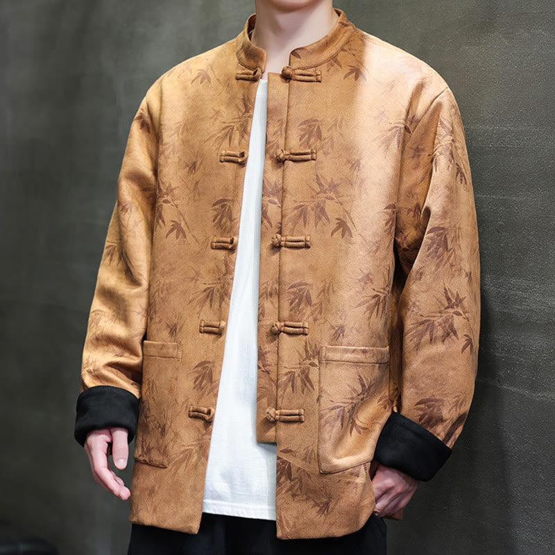 Men's Frog-Button Tang Suit Bamboo Pattern Suede Cotton Jacket Shirt With Pockets