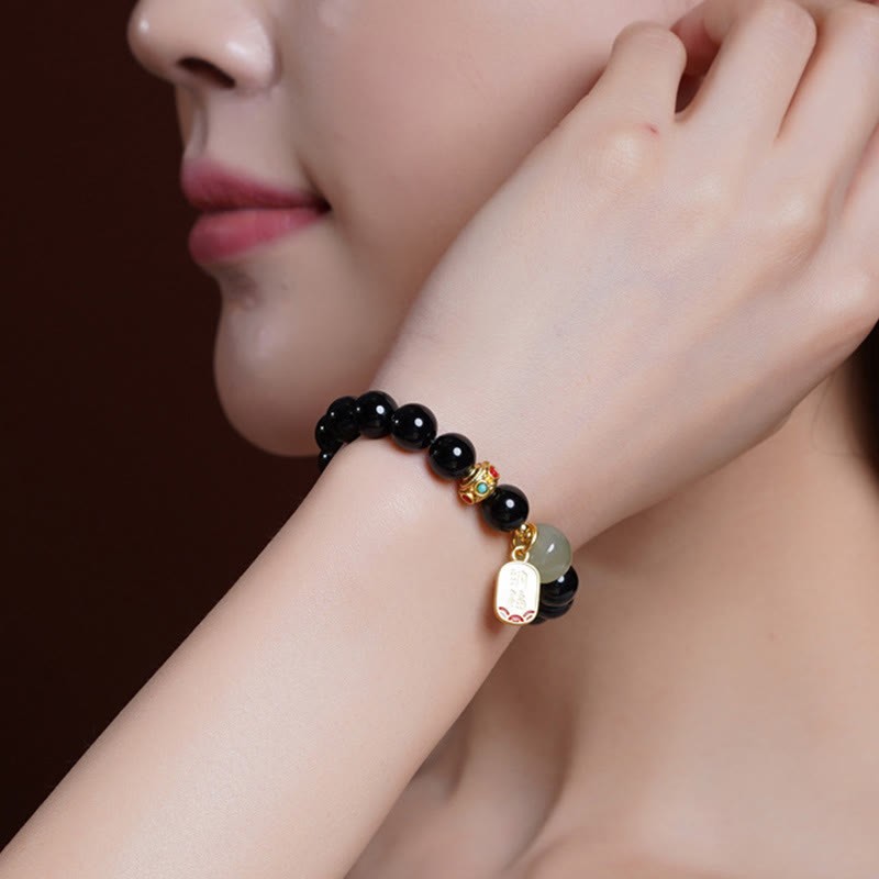 Black Onyx Hetian Jade Bead Lucky Fortune Charm Bracelet
