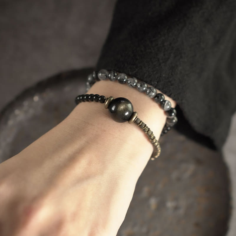 Gold Sheen Obsidian Black Rutilated Quartz Copper Brass Double Wrap Protection Bracelet