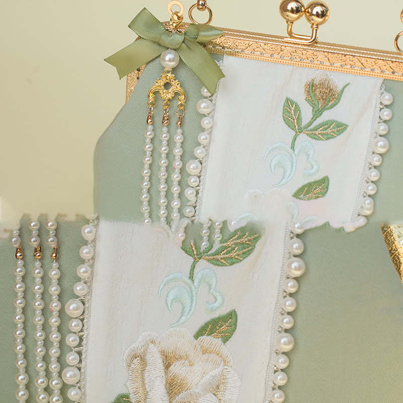 Double-sided Flowers Embroidery Pearl Pendant Metal Chain Crossbody Bag Handbags
