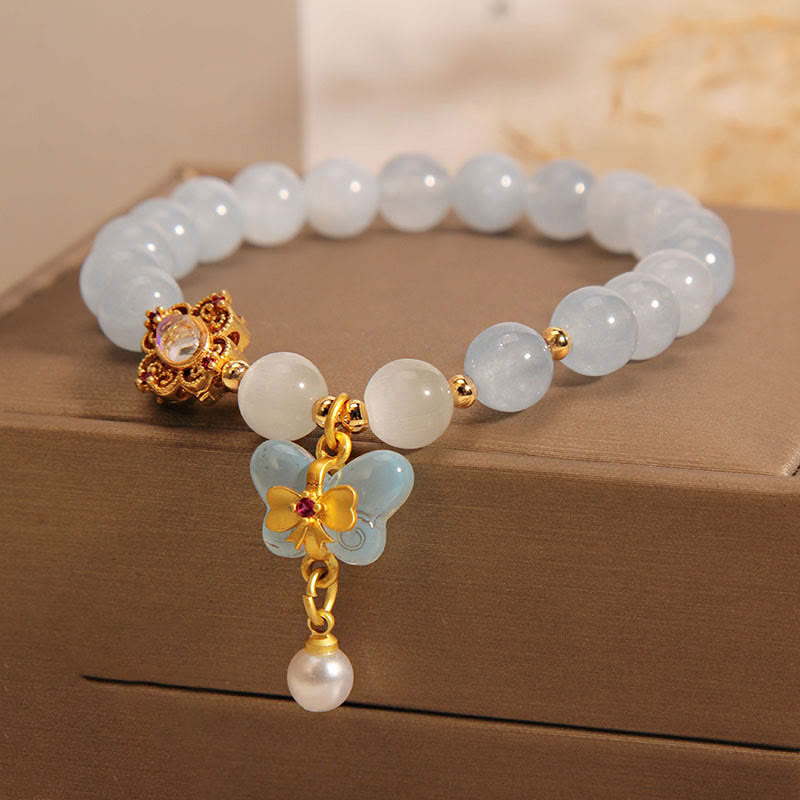 Aquamarine Cat's Eye Healing Butterfly Pearl Charm Bracelet