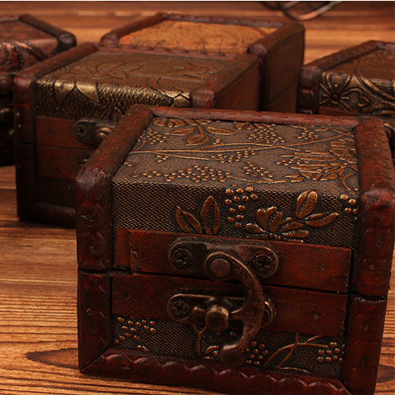 Retro Small Square Wood Jewelry Box Lotus Grass Flower Grape Copper Coin Daffodil Jewelry Storage Box