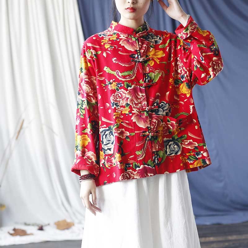Ethnic Red Flower Peony Frog-Button Cotton Linen Long Sleeve Shirt Jacket With Pockets