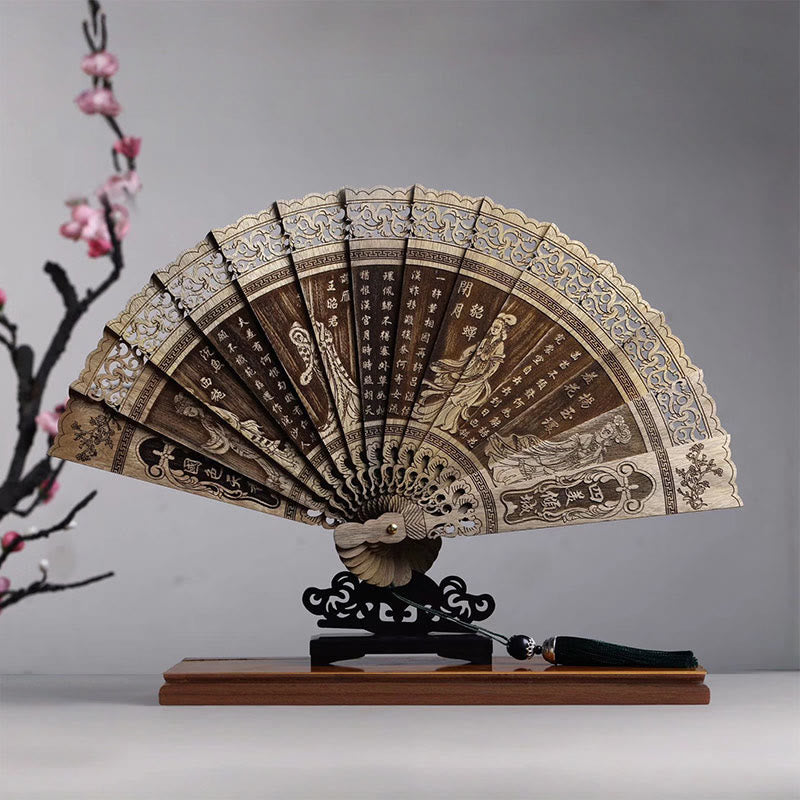 Koi Fish Peony Bird Flower Engraved Hollow Handheld Phoebe Zhennan Wood Folding Fan 22cm