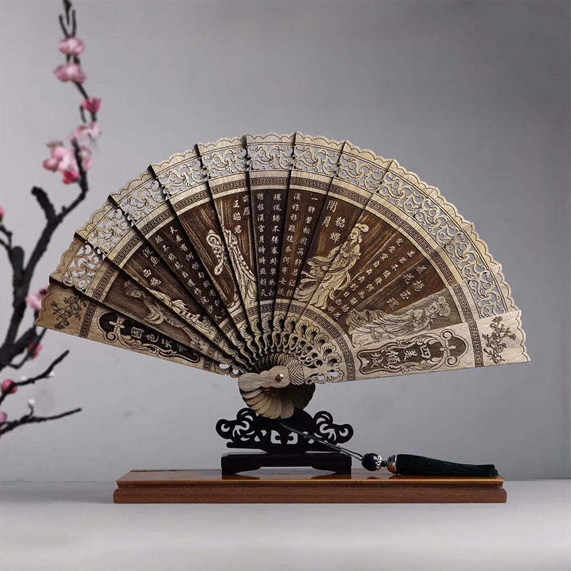 Koi Fish Peony Bird Flower Engraved Hollow Handheld Phoebe Zhennan Wood Folding Fan 22cm
