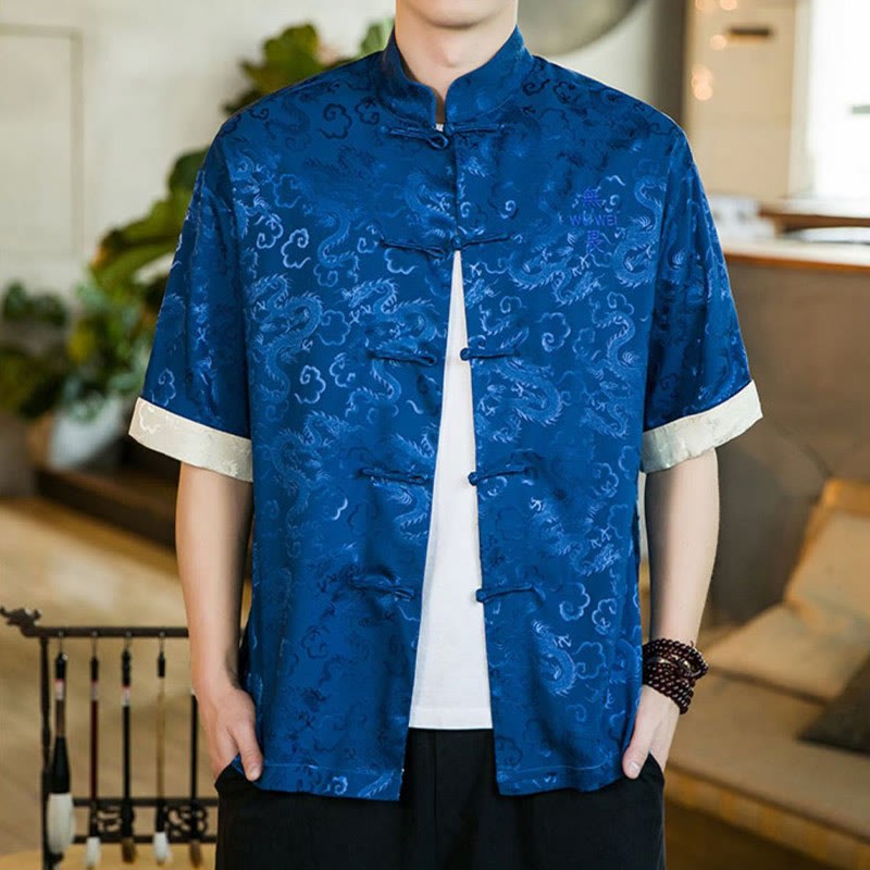 Chinese Tang Suit Frog-button Dragon Print Men's Half Sleeve Shirts