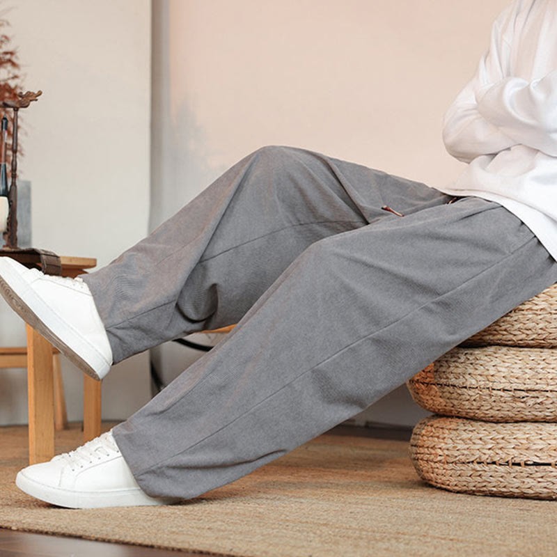 Fall Winter Men's Drawstring Corduroy Solid Pants With Pockets