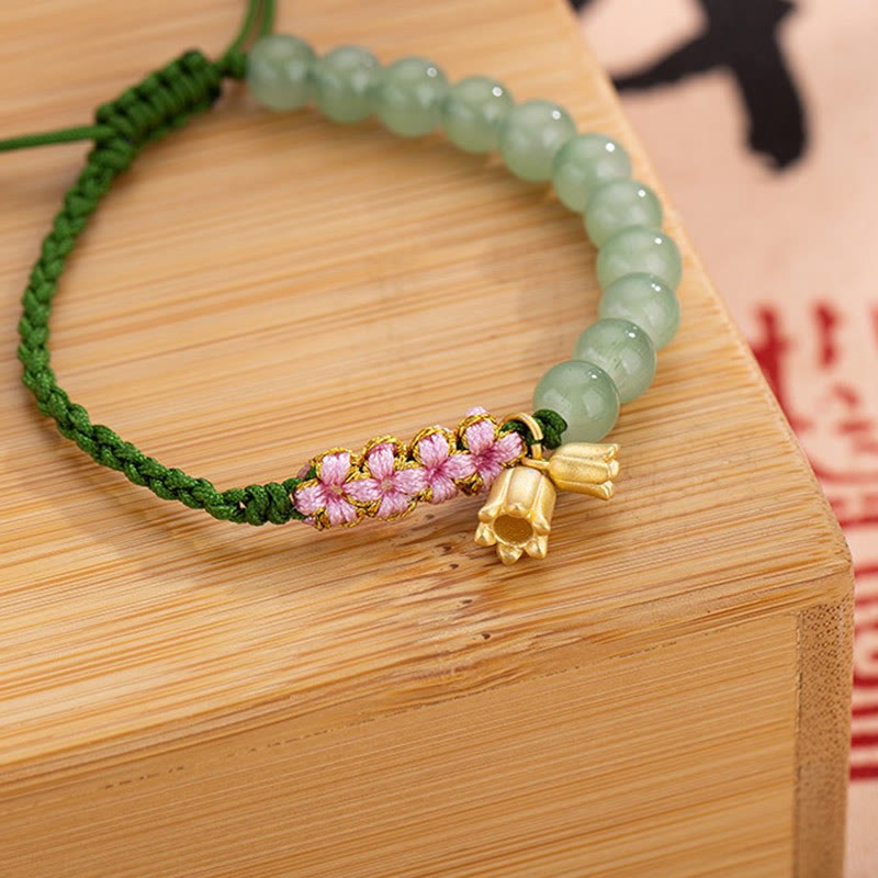 Handmade Jade Bead Lily of the Valley Charm Luck Braided Bracelet