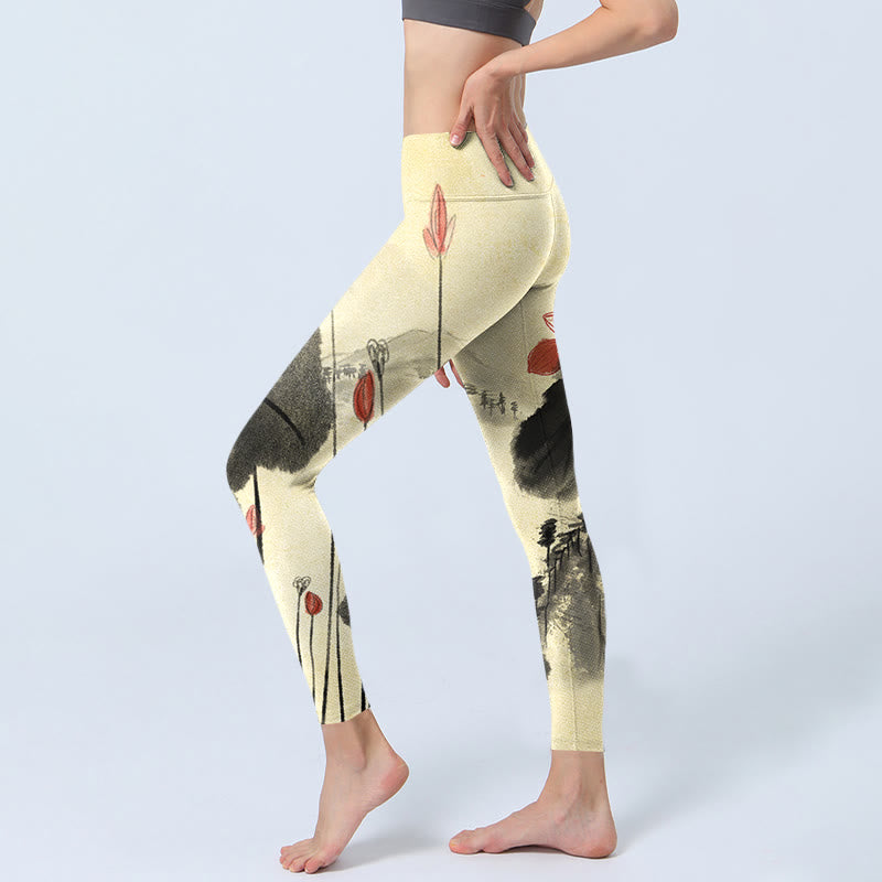 Lotus Mountains House Print Gym Leggings Women's Yoga Pants