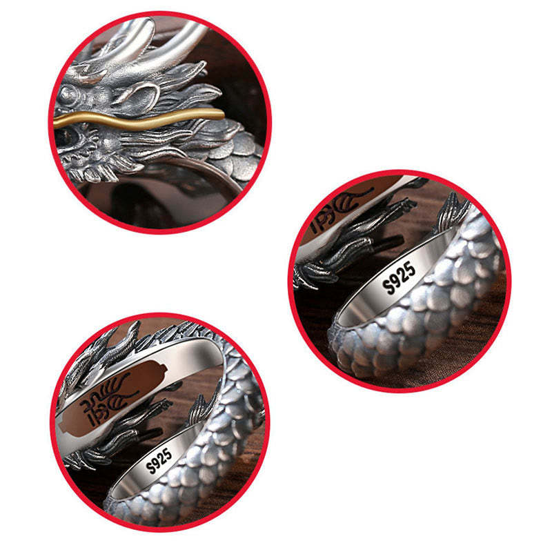 925 Sterling Silver Vintage Dragon Design Protection Strength Adjustable Ring