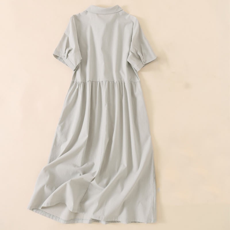 Summer Buttons Design Short Sleeve Cotton Linen Midi Dress With Pockets