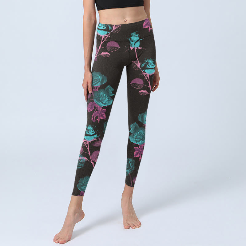 Black Rose Leaves Pattern Print Gym Leggings Women's Yoga Pants