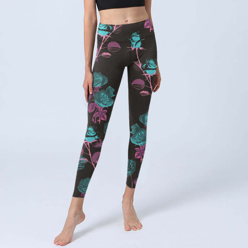 Black Rose Leaves Pattern Print Gym Leggings Women's Yoga Pants
