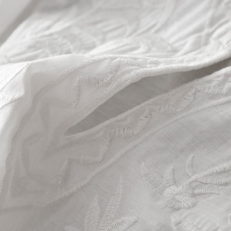 Summer White Pure Color Embroidery Leaf Flower V-Neck Short Sleeve Cotton Linen Midi Dress With Pockets