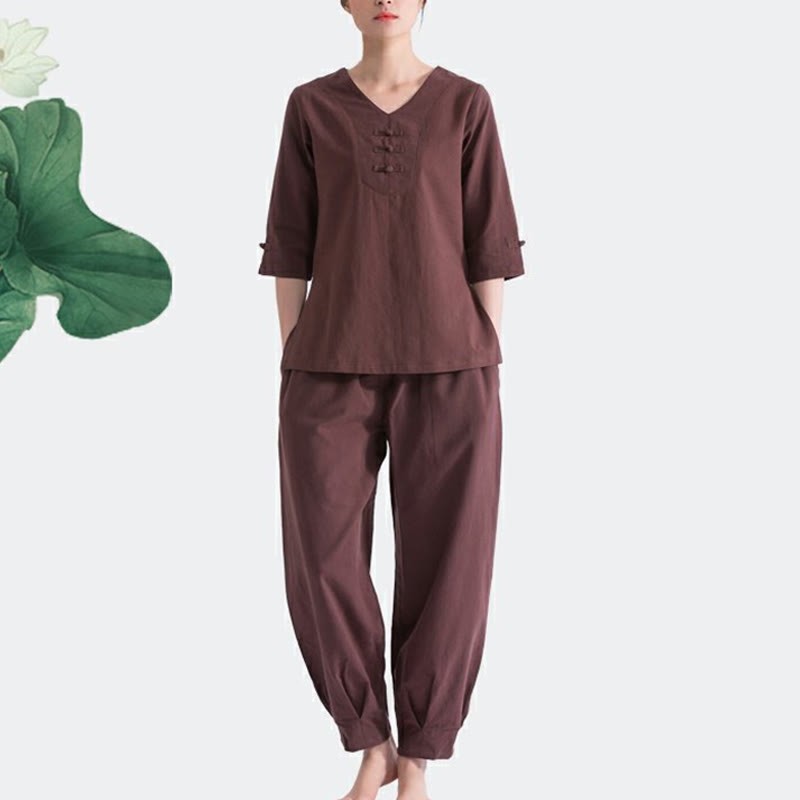 Yoga Meditation Prayer V-neck Design Cotton Linen Clothing Uniform Zen Practice Women's Set
