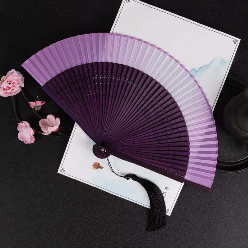 Cranes Auspicious Clouds Solid Color Gradient Handheld Cotton Linen Fabric Bamboo Folding Fan