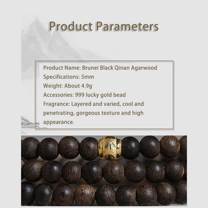 108 Mala Beads 999 Gold Bead Rare 5mm Brunei Black Qinan Agarwood Peace Strength Bracelet