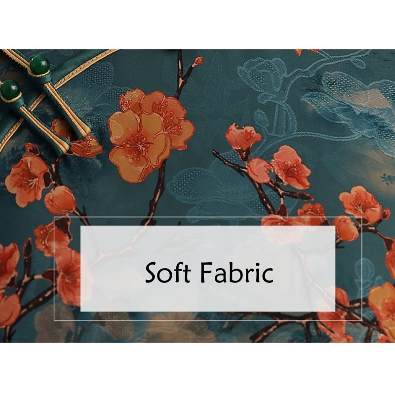 Retro Flower Lotus Peony Feather Print Qipao Dress Women's Cheongsam Dress