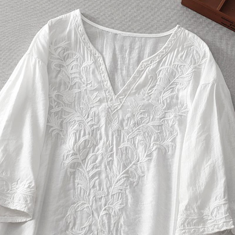 Summer White Pure Color Embroidery Leaf Flower V-Neck Short Sleeve Cotton Linen Midi Dress With Pockets