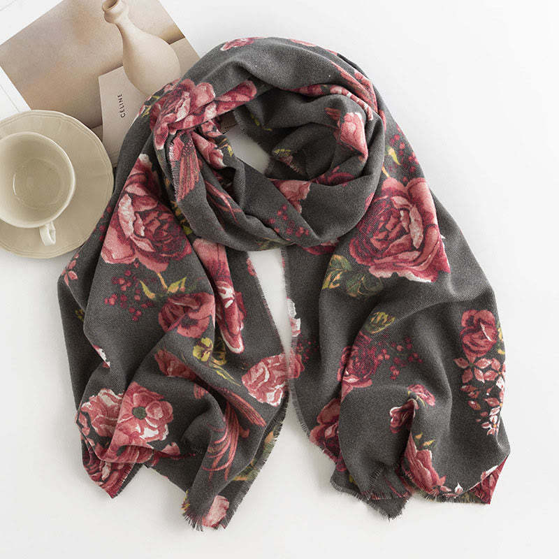 Tibetan Shawl Garden Style Rose Flower Print Fall Winter Soft Warm Scarf Wrap