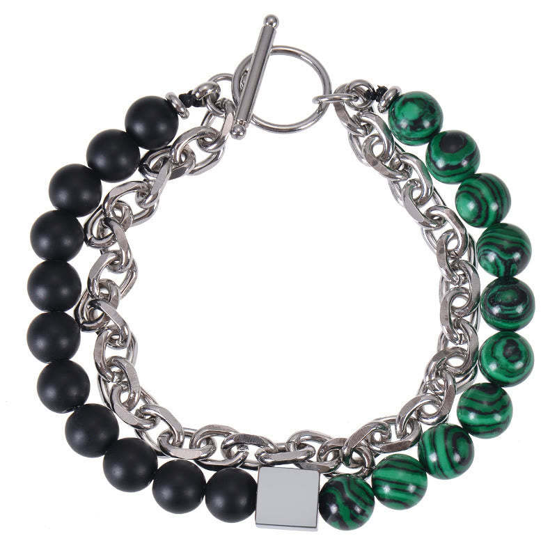 Colorful Tiger Eye Frosted Stone Black Magnetite Titanium Steel Double Wrap Protection Bracelet