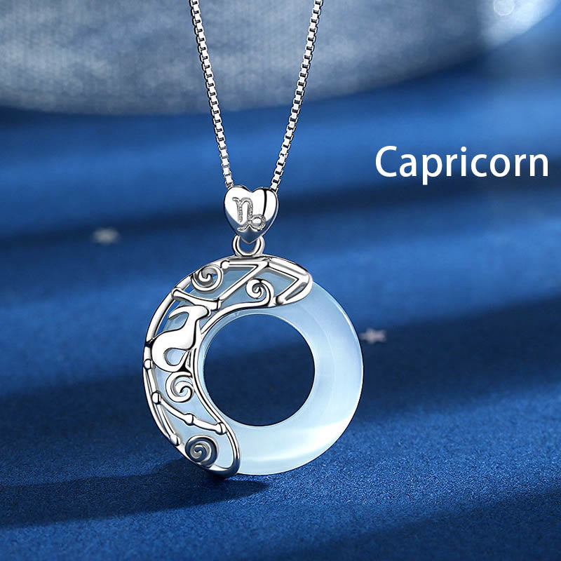 925 Sterling Silver 12 Constellations of the Zodiac Cat's Eye Love Support Necklace Pendant