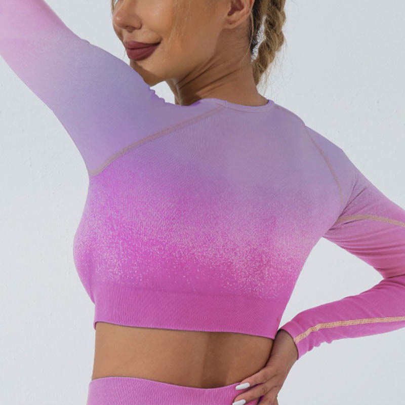 Gradient Long Sleeve Crop Top Tee Bra Leggings Pants Fitness Yoga Outfit