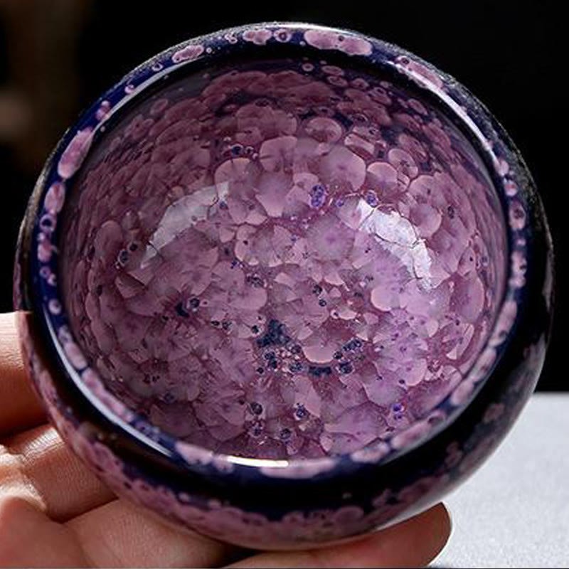 Colorful Iris Flowers Chinese Jianzhan Kiln Change Porcelain Teacup Tenmoku Kung Fu Tea Cup