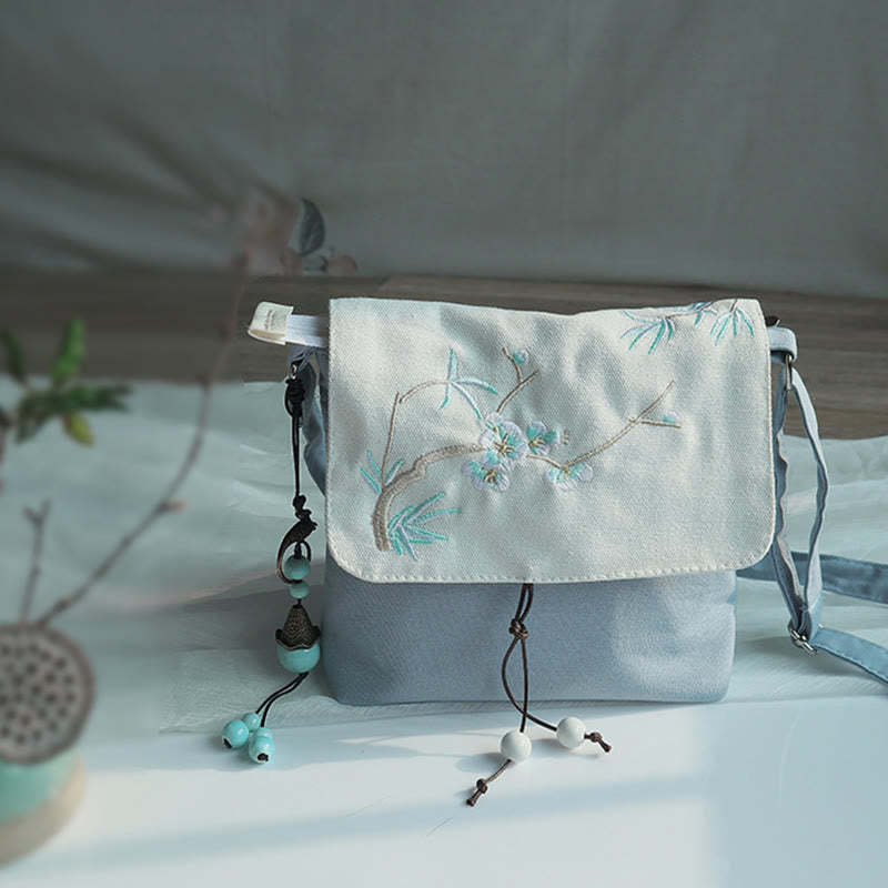 Handmade Embroidered Plum Flowers Canvas Crossbody Bag Shoulder Bag Handbag