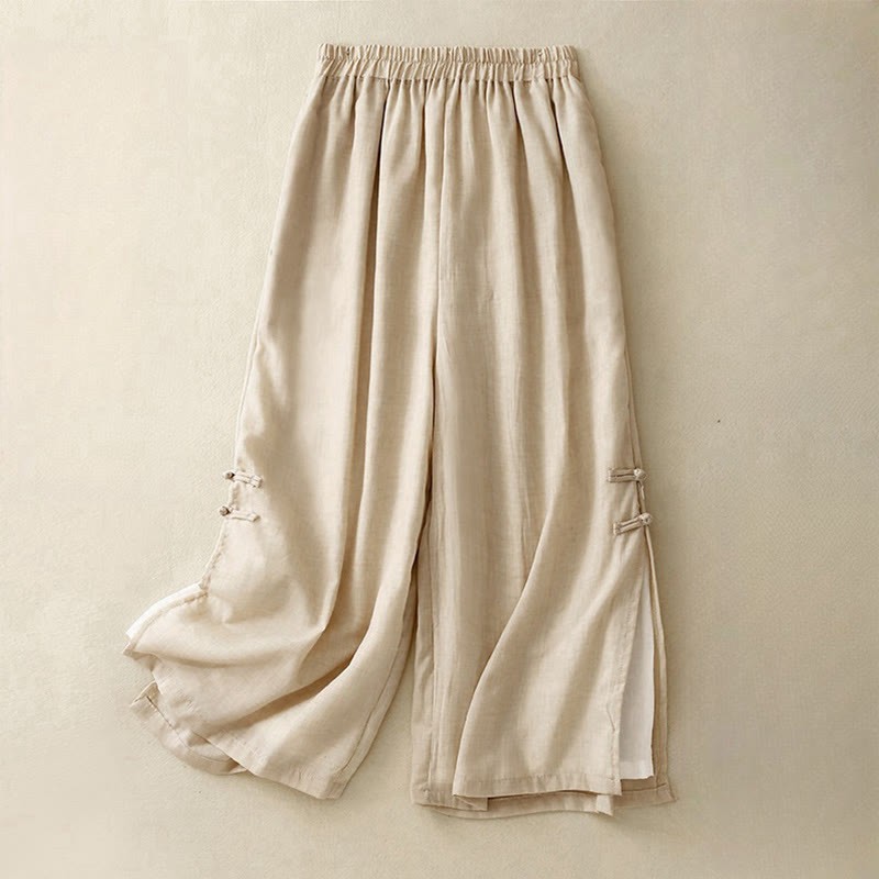 Casual Plain Color Chinese Frog Button Cotton Linen Women's Wide Leg Pants