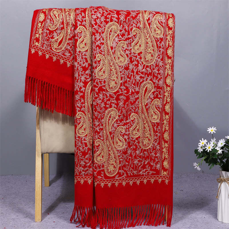 Rayon Fabric Shawl Golden Cashew Flowers Embroidery Tassel Winter Cozy Travel Scarf Wrap