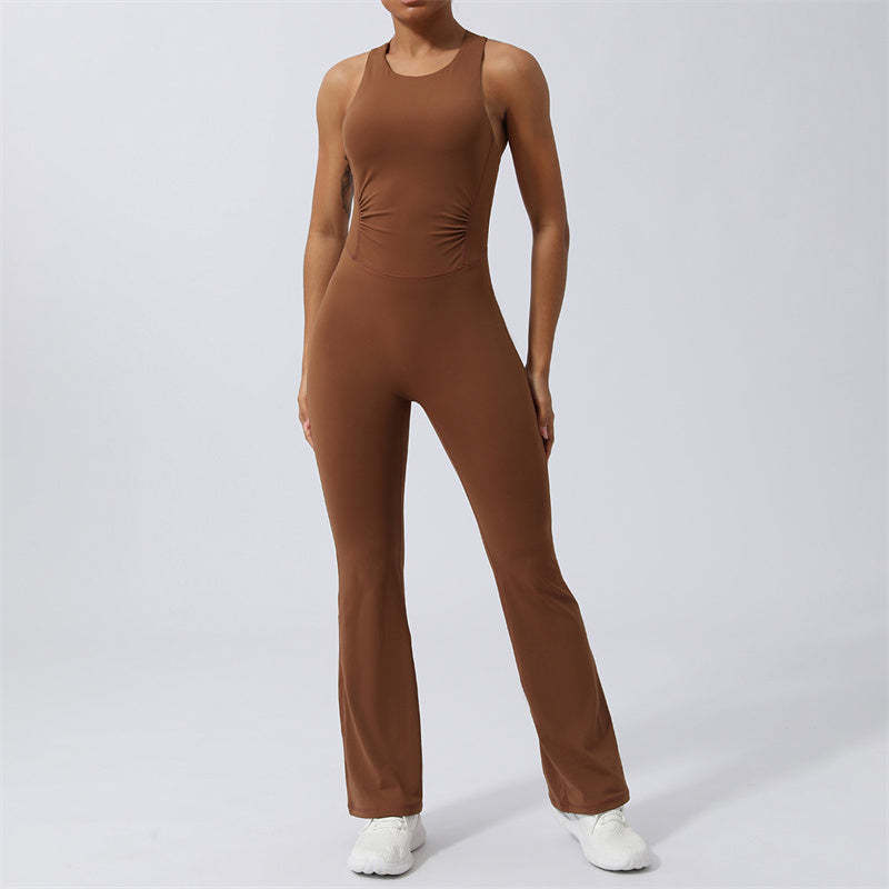 Women Workout Crisscross Sleeveless Flare Jumpsuit Sports Fitness Yoga Bodysuit