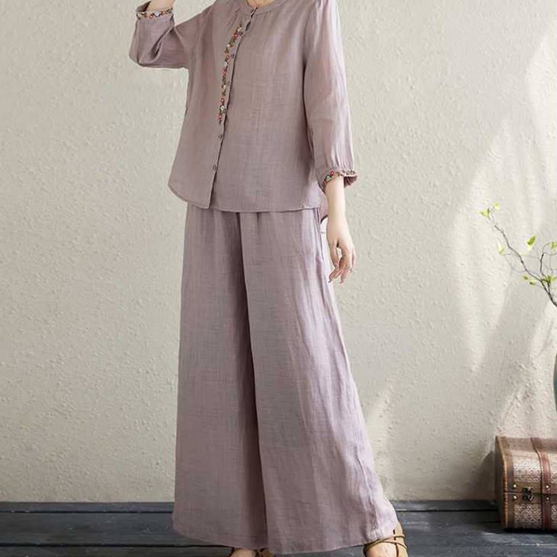2Pcs Cotton Embroidery Flowers Shirt Top Pants Meditation Zen Tai Chi Clothing Women's Set