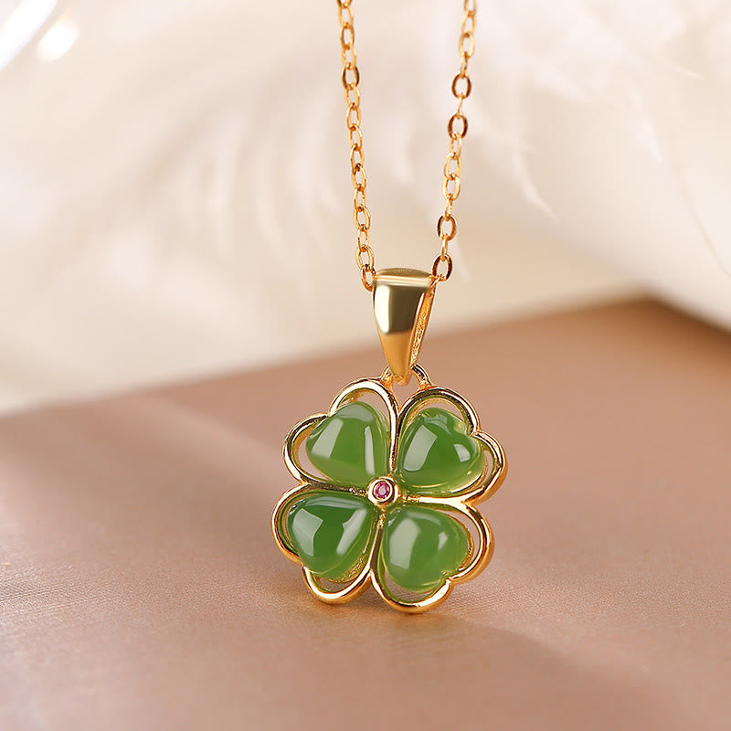 925 Sterling Silver Hetian Cyan Jade Lucky Four Leaf Clover Healing Necklace Pendant