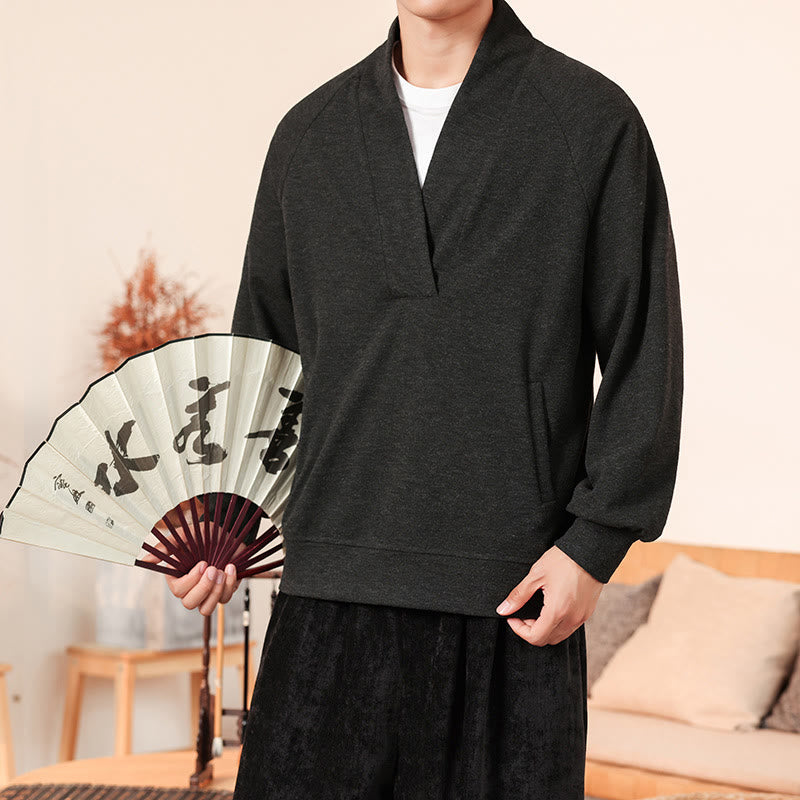 Fall Simple V-Neck Men's Sweatshirt Cotton Pullover With Pockets