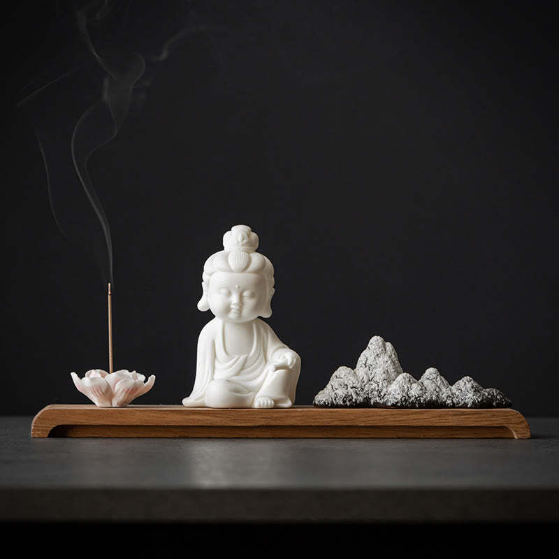 Lotus Flower Tathagata Kwan Yin Avalokitesvara Ksitigarbha Meditation Ceramic Stick Incense Burner Decoration