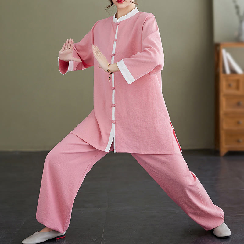 2Pcs Vintage Long Sleeve Shirt Top Pants Meditation Zen Tai Chi Cotton Linen Clothing Women's Set